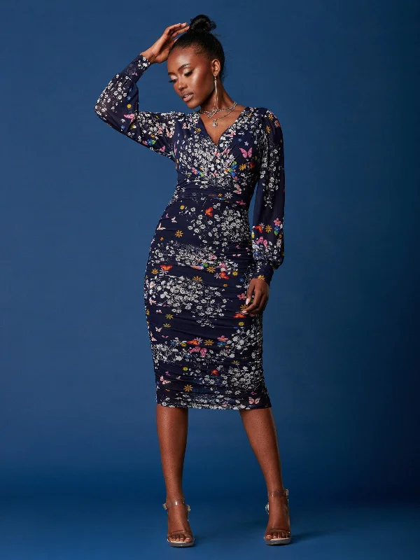 Long Sleeve Ruched Mesh Midi Dress, Navy Floral