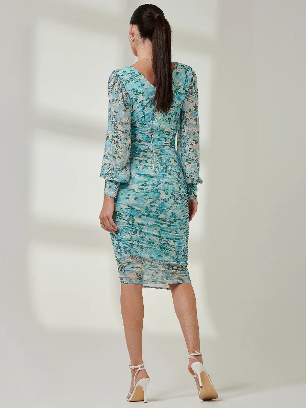 Long Sleeve Ruched Mesh Midi Dress, Green Floral