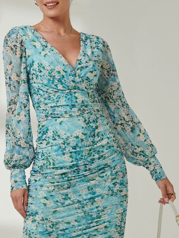 Long Sleeve Ruched Mesh Midi Dress, Green Floral