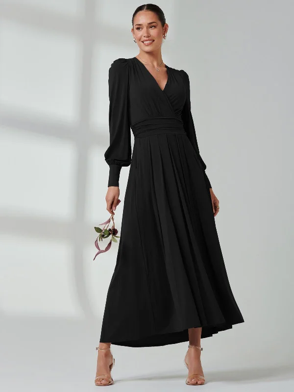 Long Sleeve Soft Silky Jersey Maxi Dress, Black