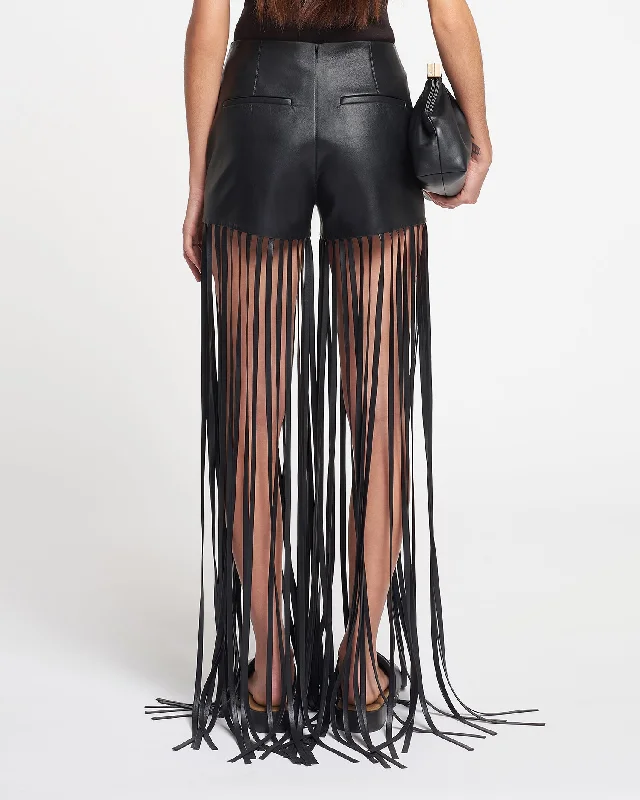 Amalee - Fringed Regenerated Leather Shorts - Black