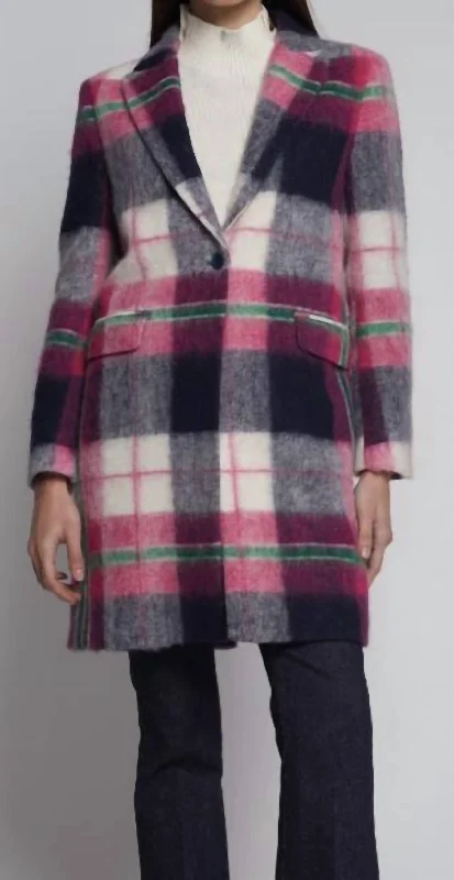 Patricia Plaid Single Breast Wool Blend Coat In Pink Navy Green Plaid