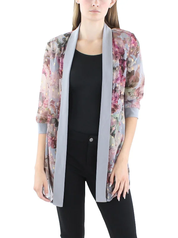 Petites Womens Floral Print Chiffon Duster Blazer