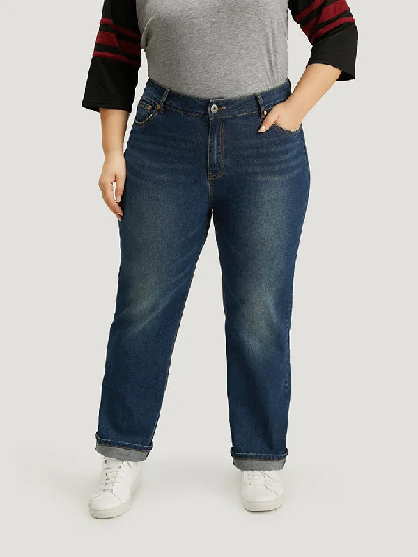 Plain Roll Hem Medium Wash Full Length Jeans