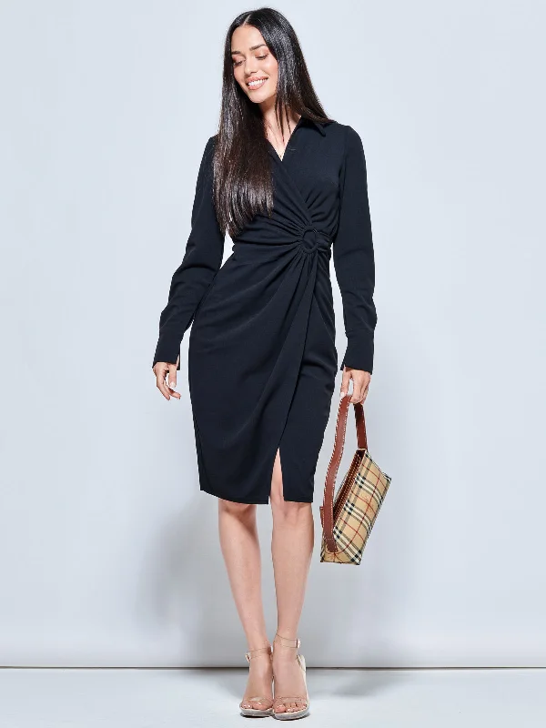 Plain Wrap Front Buckle Shirt Dress, Black