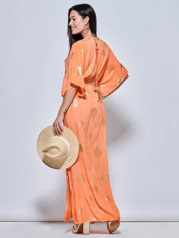 Printed Kimono Sleeve Holiday Maxi Dress, Orange Multi