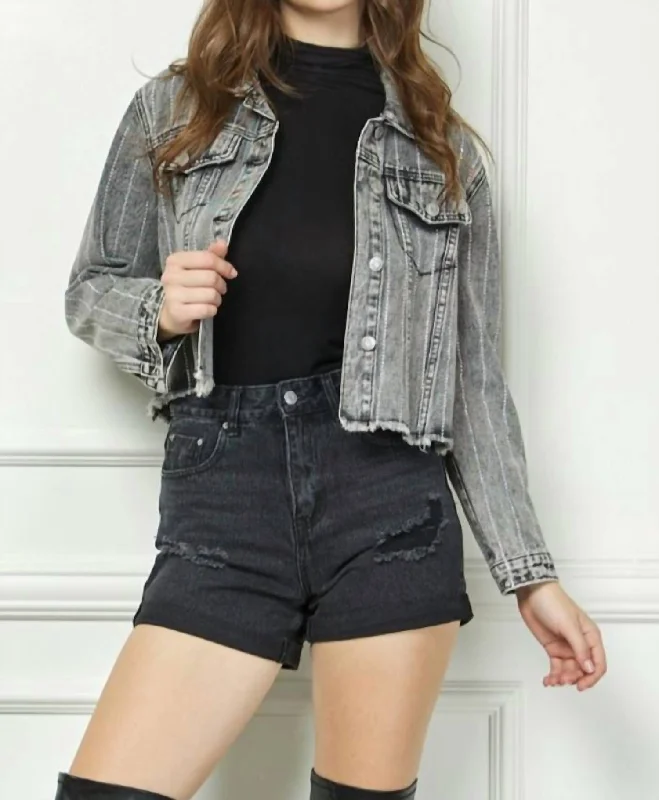 Rhinestone Cropped Denim Jacket In Black