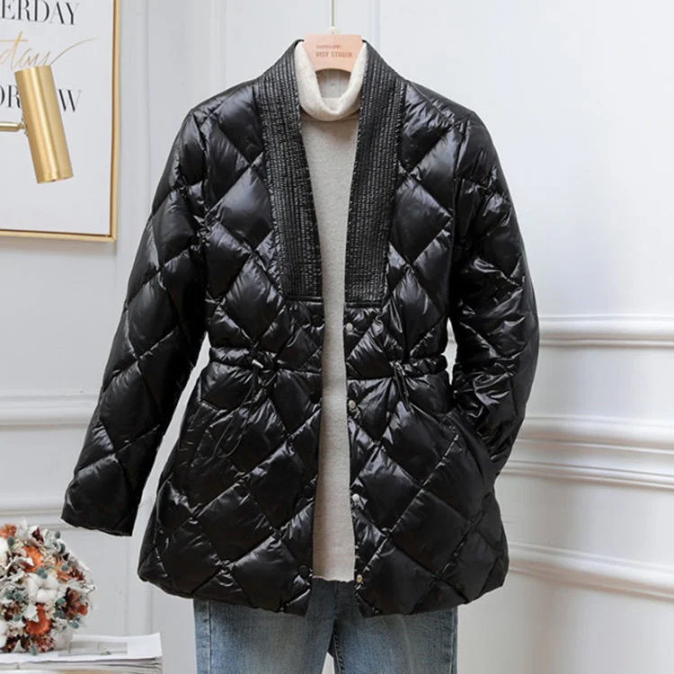 Rhombus Cotton-padded Jacket Women's Mid-length Large V-neck Jacket