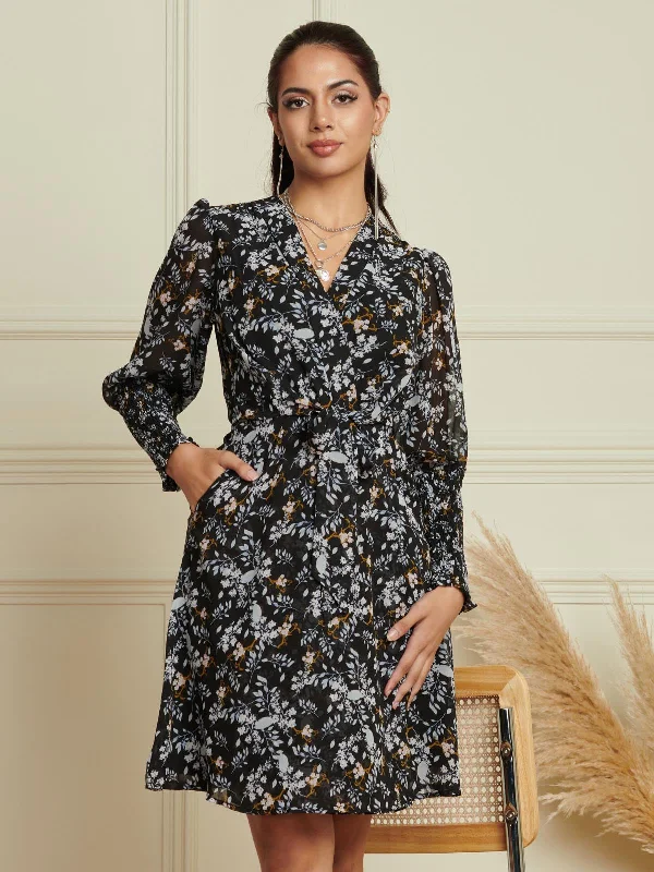 Shirred Cuff Tie Waist Dress, Navy Floral