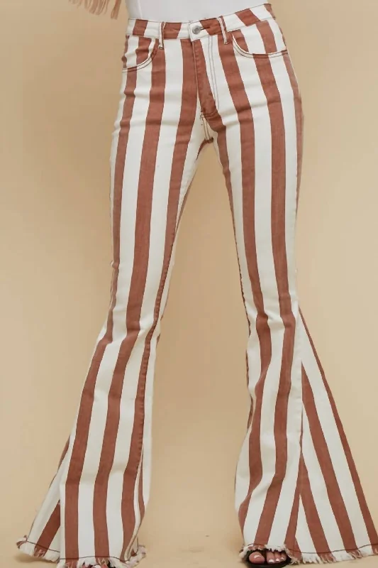 Striped Fringed Stretchy Denim Flares In Taupe