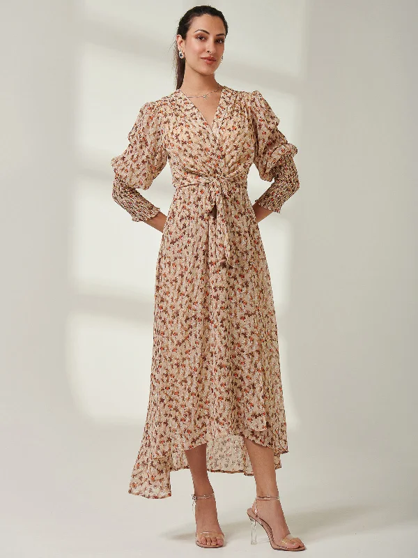 V Neck Tie Waist Puff Sleeve Maxi Dress, Brown Floral