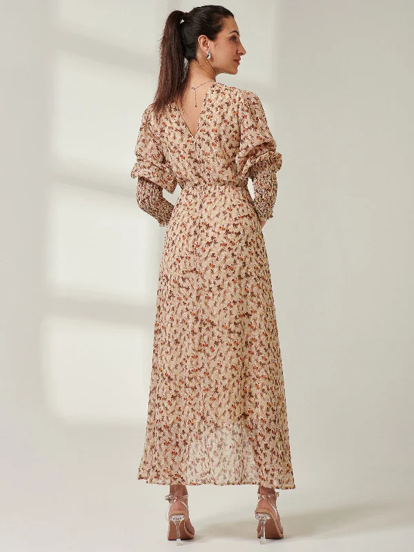 V Neck Tie Waist Puff Sleeve Maxi Dress, Brown Floral