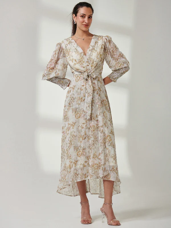 V Neck Tie Waist Puff Sleeve Maxi Dress, Cream Floral