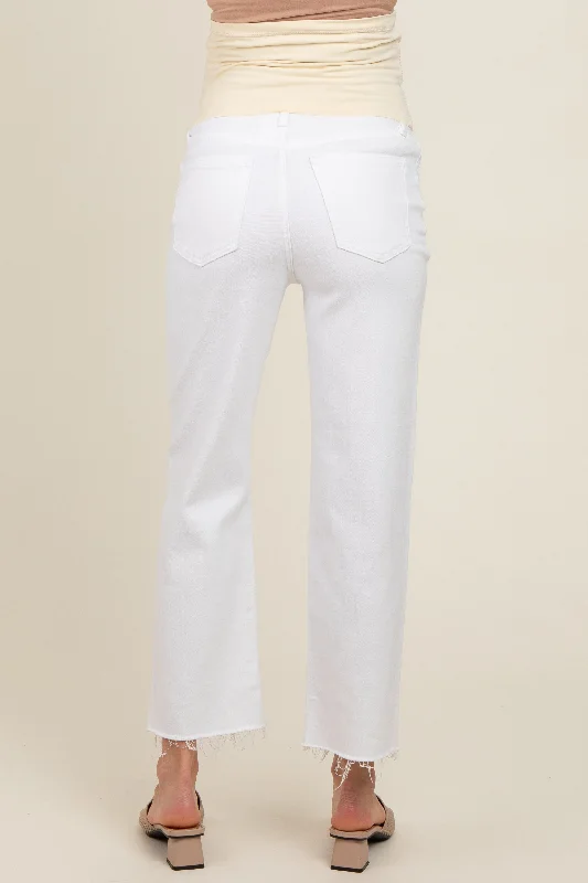 White Raw Hem Maternity Wide Leg Ankle Crop Jeans