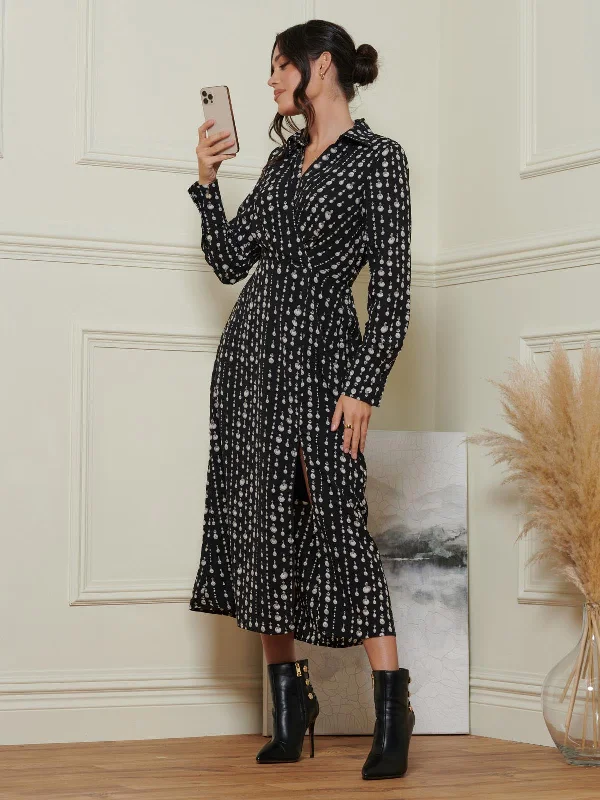 Wrap Detail Shirt Maxi Dress, Black Pattern