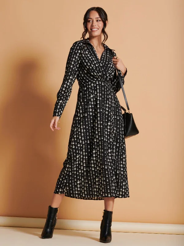 Wrap Detail Shirt Maxi Dress, Black Pattern