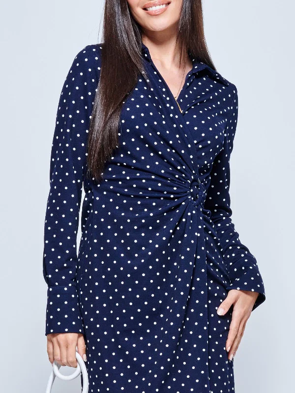 Wrap Front Buckle Detail Shirt Dress, Navy Polka Dot