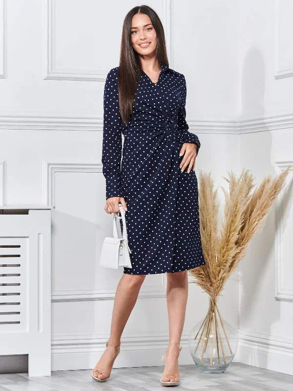 Wrap Front Buckle Detail Shirt Dress, Navy Polka Dot