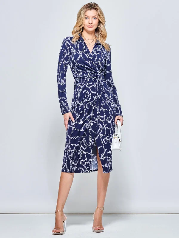 Wrap Twist Detail Midi Shirt Dress, Navy Pattern