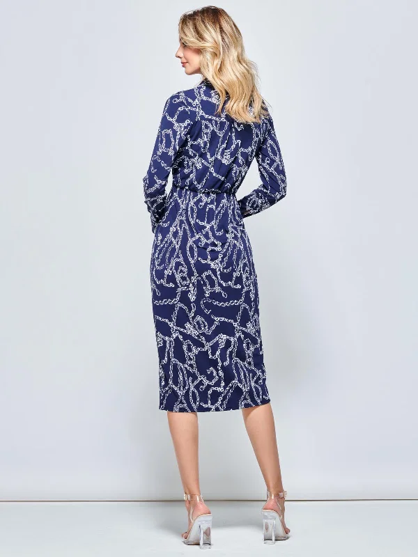 Wrap Twist Detail Midi Shirt Dress, Navy Pattern